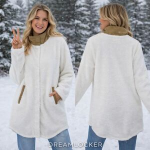 Aspen Long Sweater Coat XL Cozy Faux Fur Cream with Tan Accents Long Sleeve NEW